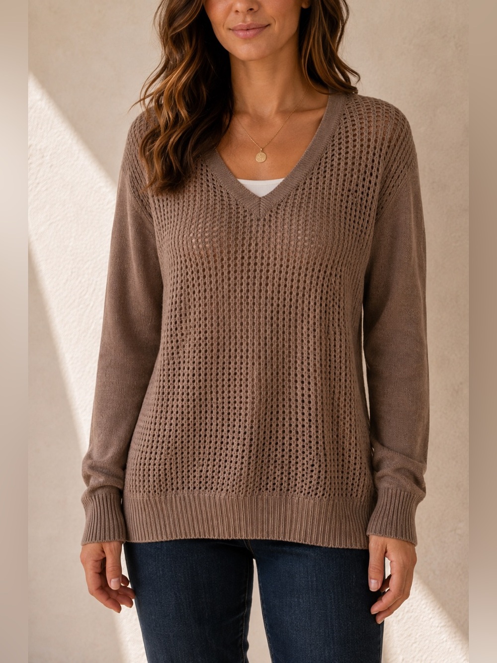 The Limited Taupe Open Knit V-Neck Sweater Lightweight Layering Top S